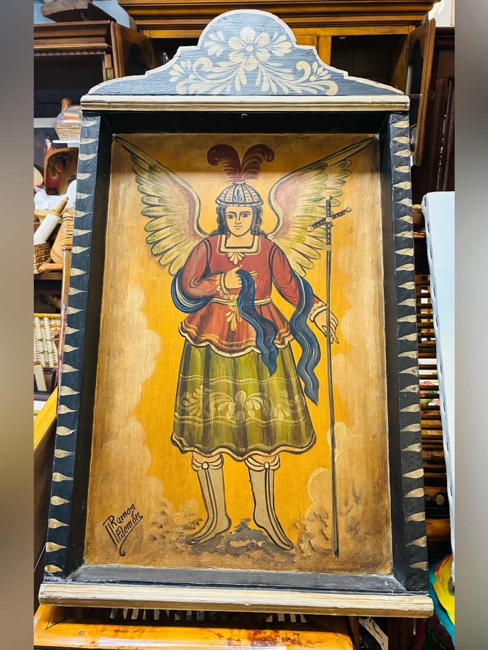Large Hand-Painted Archangel Michael   Panel with Gold & Green Accents